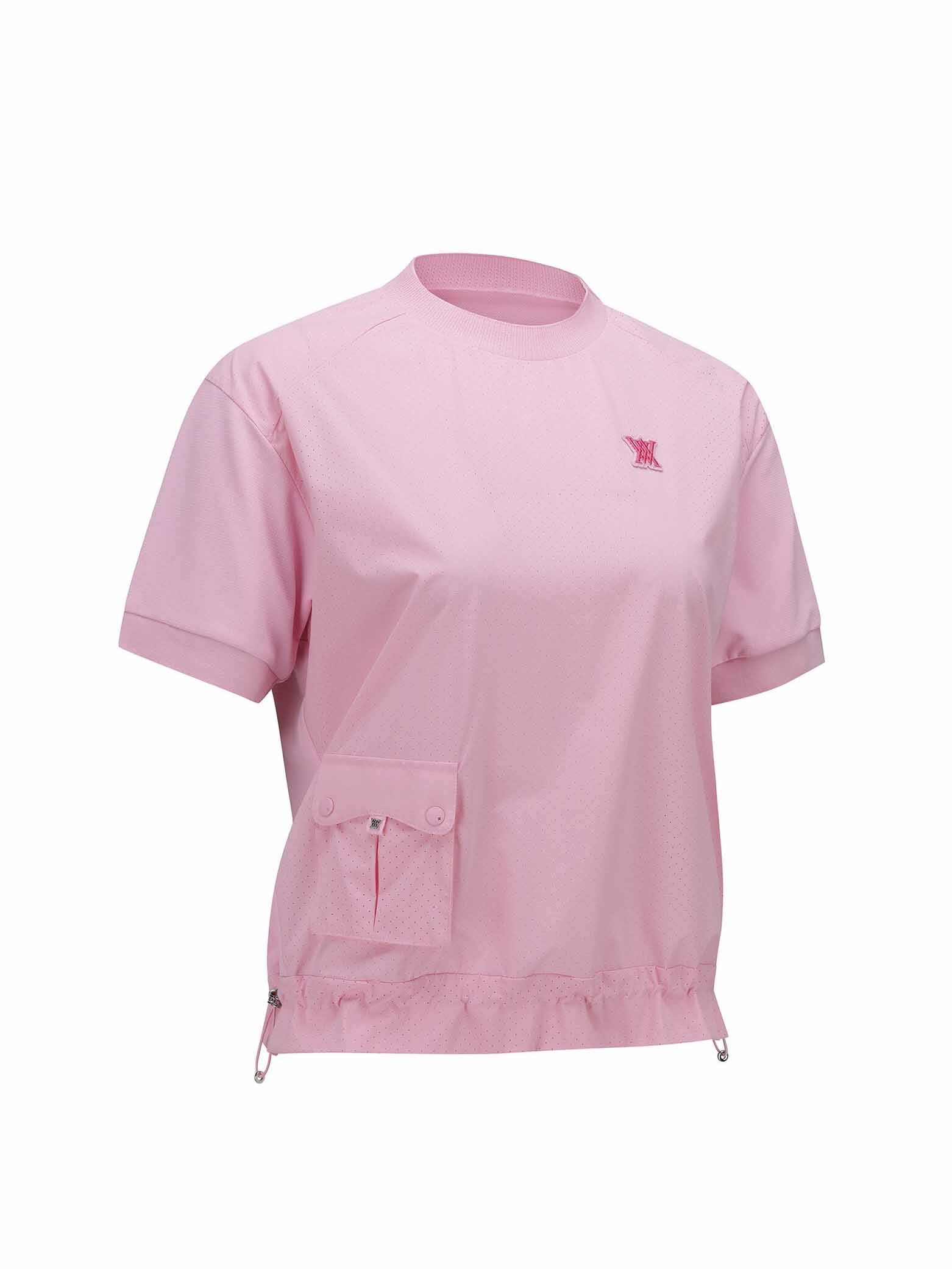 WOMEN WOOVEN BLOCK MOCK NECK T-SHIRT